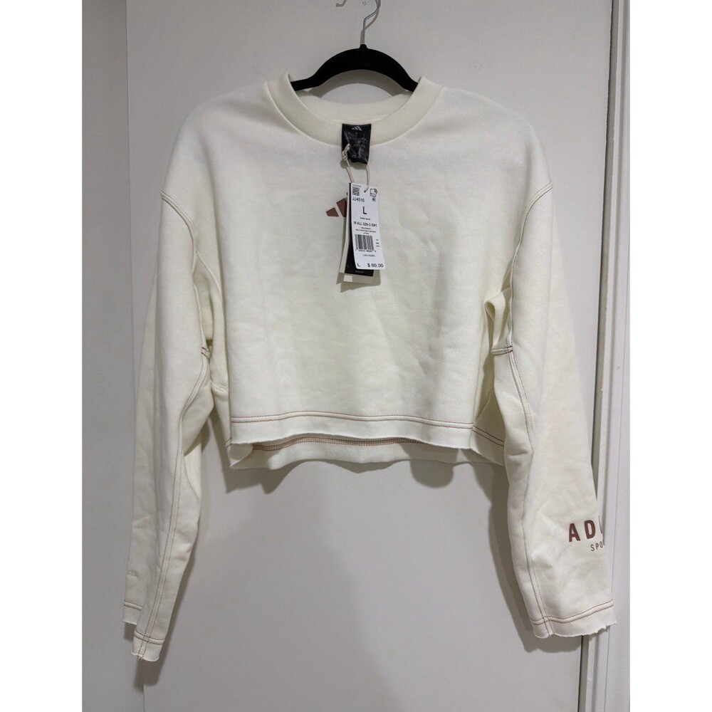 Adidas ALL SZN Graphic Cropped Raw Hem Sweatshirt White Beige Size L NWT